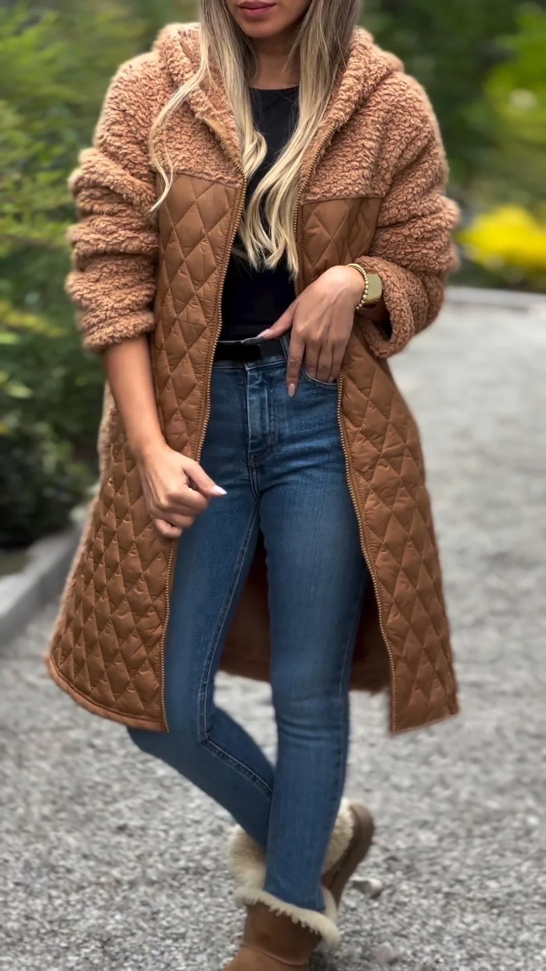 Women's Hooded Long Sleeve Fur Patchwork Cotton Long Coat